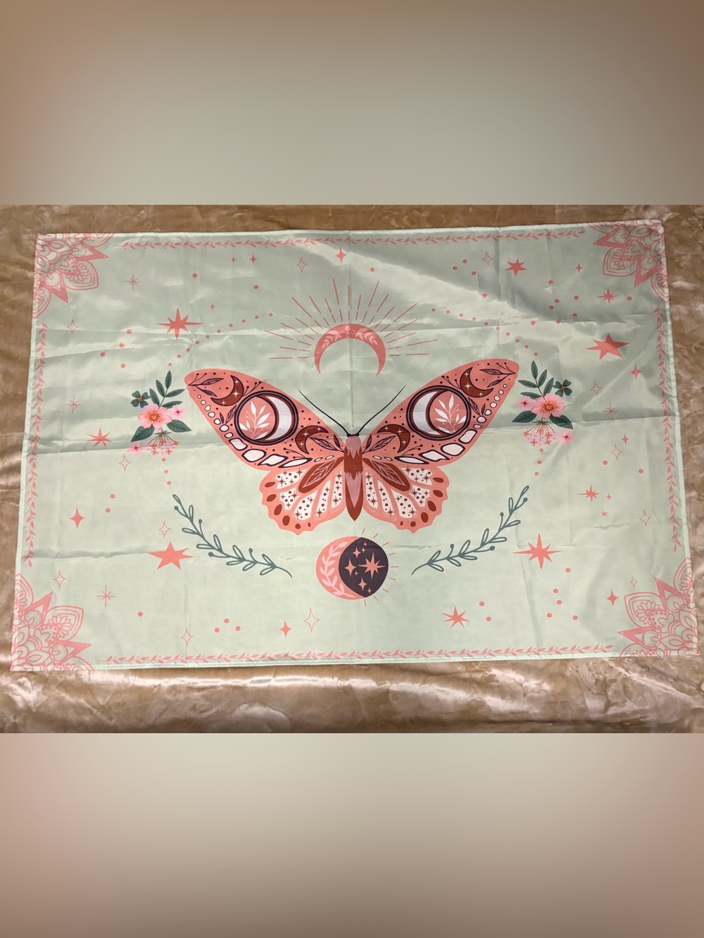 Pink and Green Butterfly Tapestry Mandala Floral Pattern with Moon and Stars